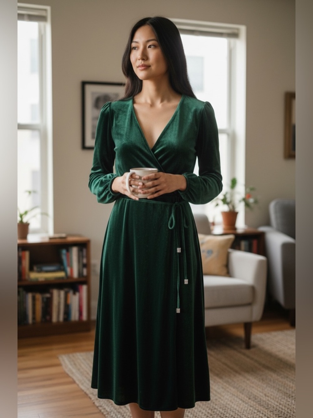 Anne Klein Emerald Green Velvet Belted Midi Dress Long Sleeve